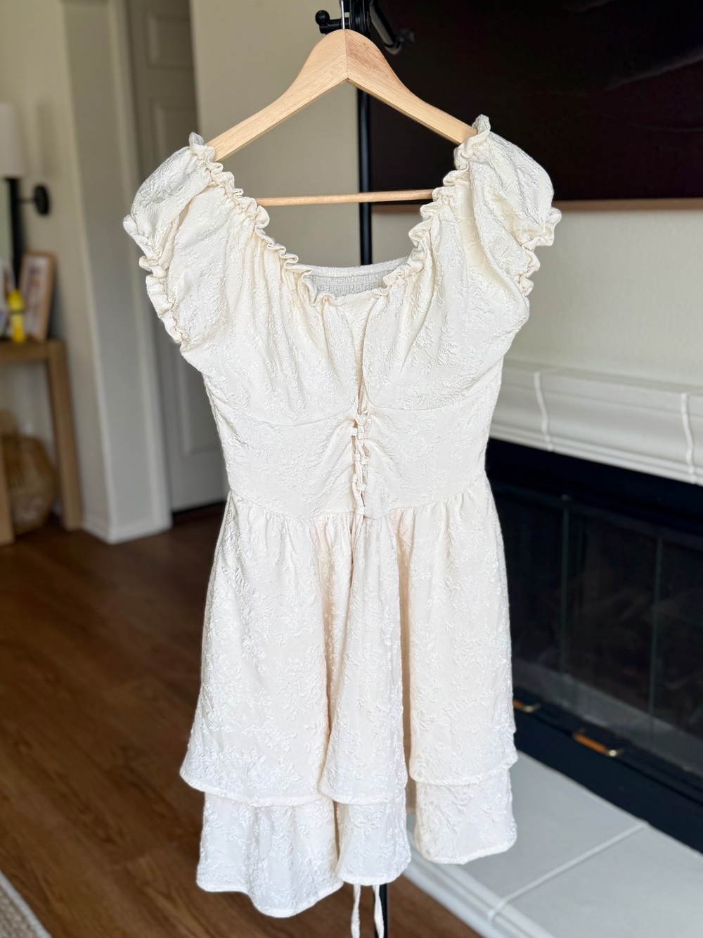 Cream Ruffled Tiered Mini Dress Renaissance Peasant Milkmaid Cottagecore Size M